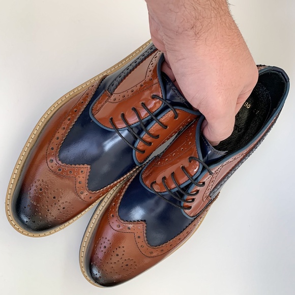 Brown-Navy Blue Wingtip Oxford Leather Dress Shoe main image 6